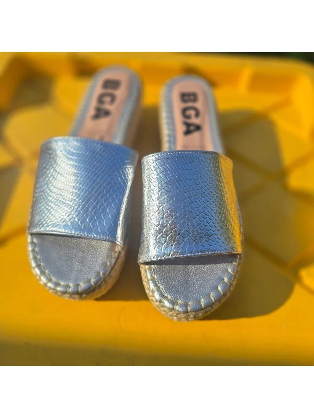 BGA Silver Metallic Platform Slide Sandals with Woven Espadrille Wedge Heel, US